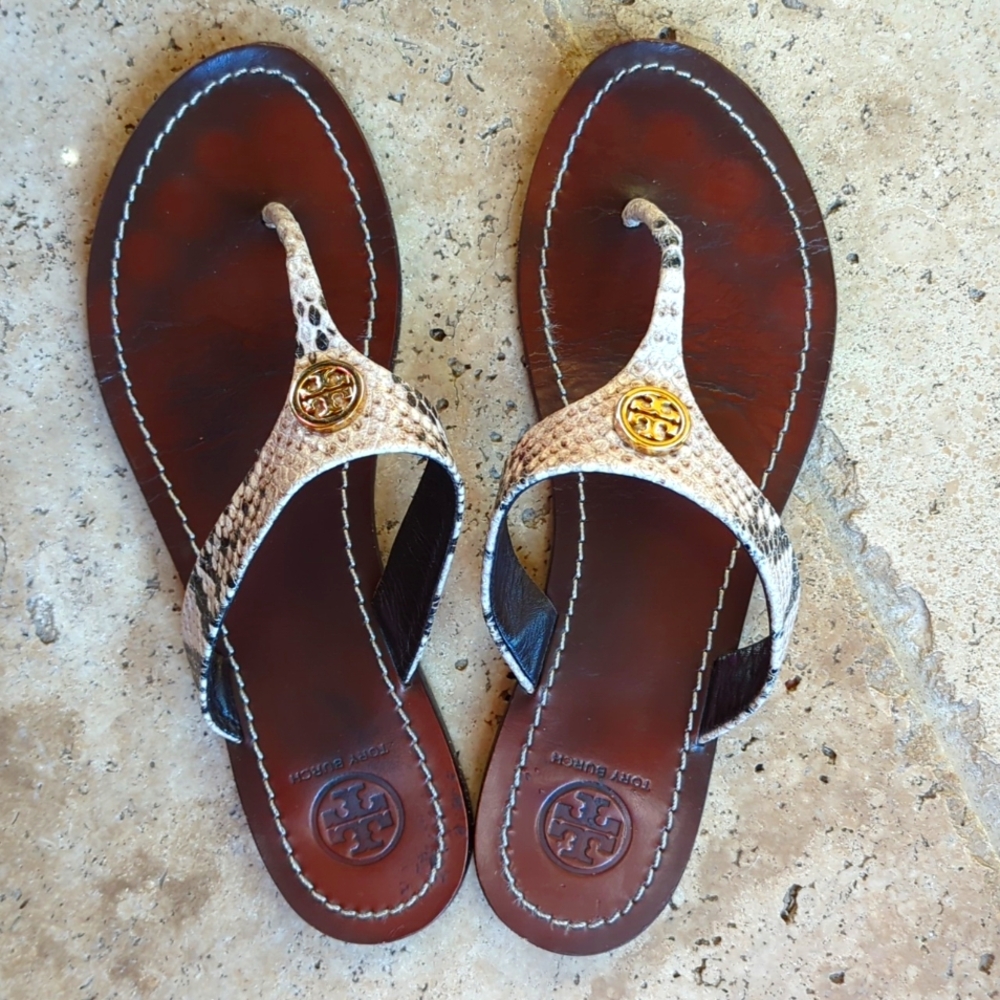Tory Burch Cameron flip flops Leather Thong Sandals Snakeskin Roccia Python 7.5